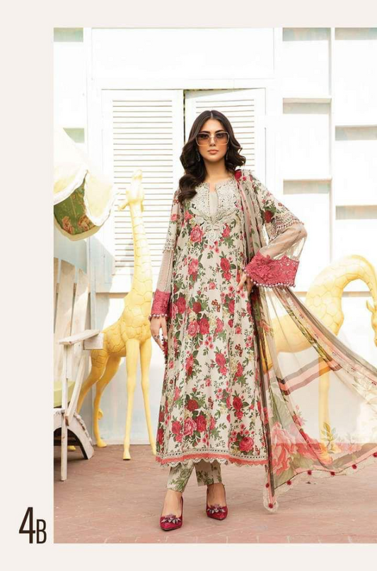 Maria B-3PC Lawn Printed Shirt with Embroided Patches and Printed Dubatta and Trousers-ES1606