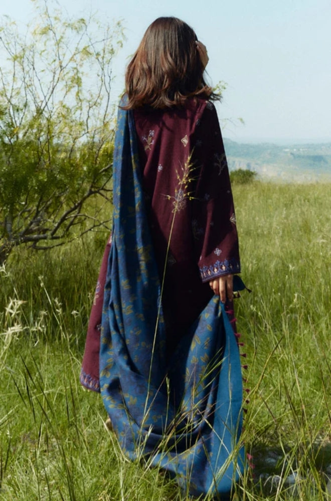 Zara Shah Jahan - 3PC Unstitched Dhanak Embroidered Shirt with Printed Shawl and Trouser - ES1026