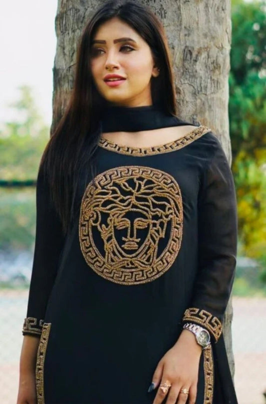 Vrsace - 3PC Unstitched Shamooz Silk Embroidered Shirt with Bamber Chiffon Dupatta and Plain Trousers -ES1060