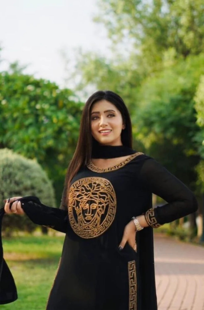 Vrsace - 3PC Unstitched Shamooz Silk Embroidered Shirt with Bamber Chiffon Dupatta and Plain Trousers -ES1060
