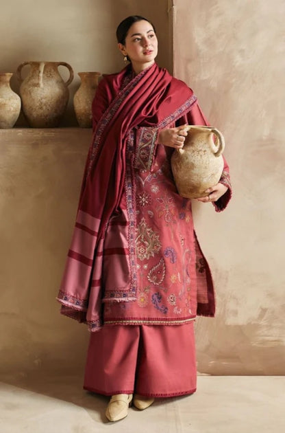 Zara Shah Jahan - 3PC Unstitched Dhanak Embroidered Shirt with Digital Printed Dhanak Shawl and Trouser- ES1045