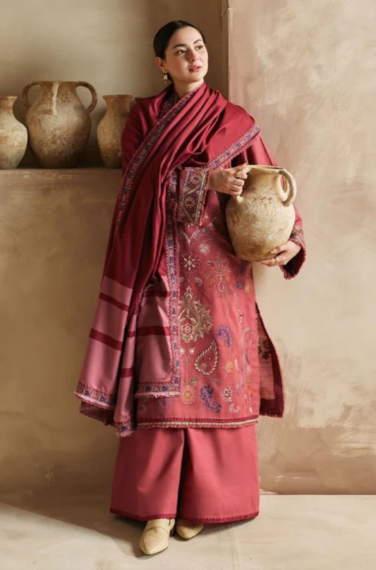 Zara Shah Jahan - 3PC Unstitched Dhanak Embroidered Shirt with Digital Printed Dhanak Shawl and Trouser- ES1045
