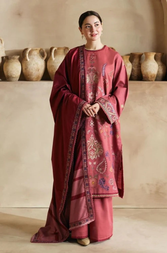 Zara Shah Jahan - 3PC Unstitched Dhanak Embroidered Shirt with Digital Printed Dhanak Shawl and Trouser- ES1045