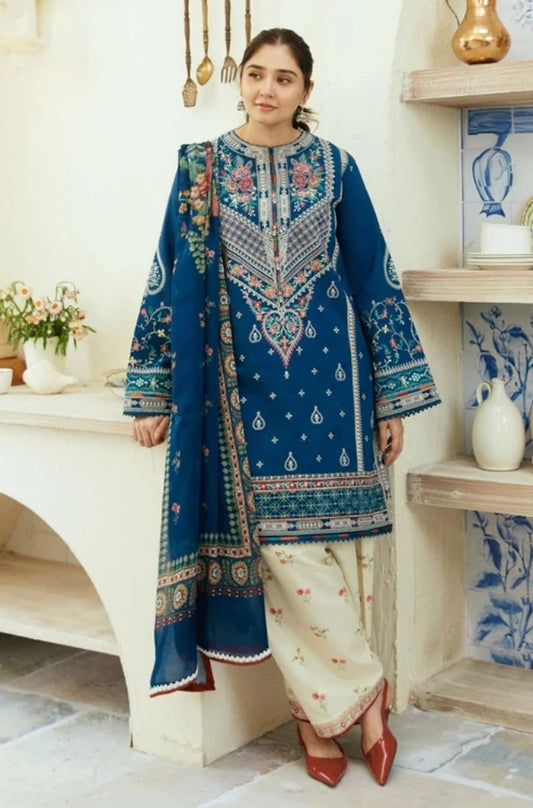 Zara Shah Jahan - 3PC Unstitched Dhanak Embroidered Shirt with Digital Printed  Shawl and Embroidered Trousers - ES1042