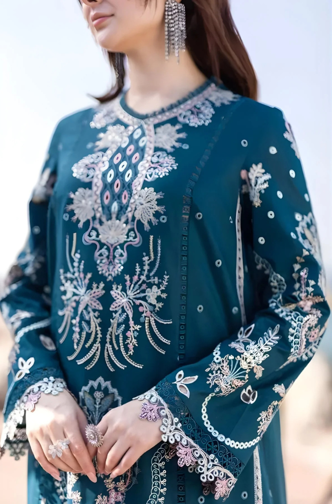 Qalamkar - 3PC Unstitched Lawn Heavy Embroidered Shirt with Printed and Embroidered Cotton Net Dupatta - ES 1087