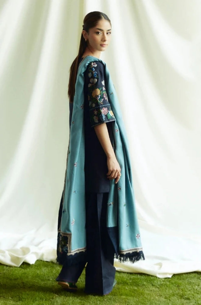 Zara Shah Jahan - 3PC Unstitched Dhanak Embroidered Shirt with Dhanak Embroidered Shawl and Trouser - ES1047