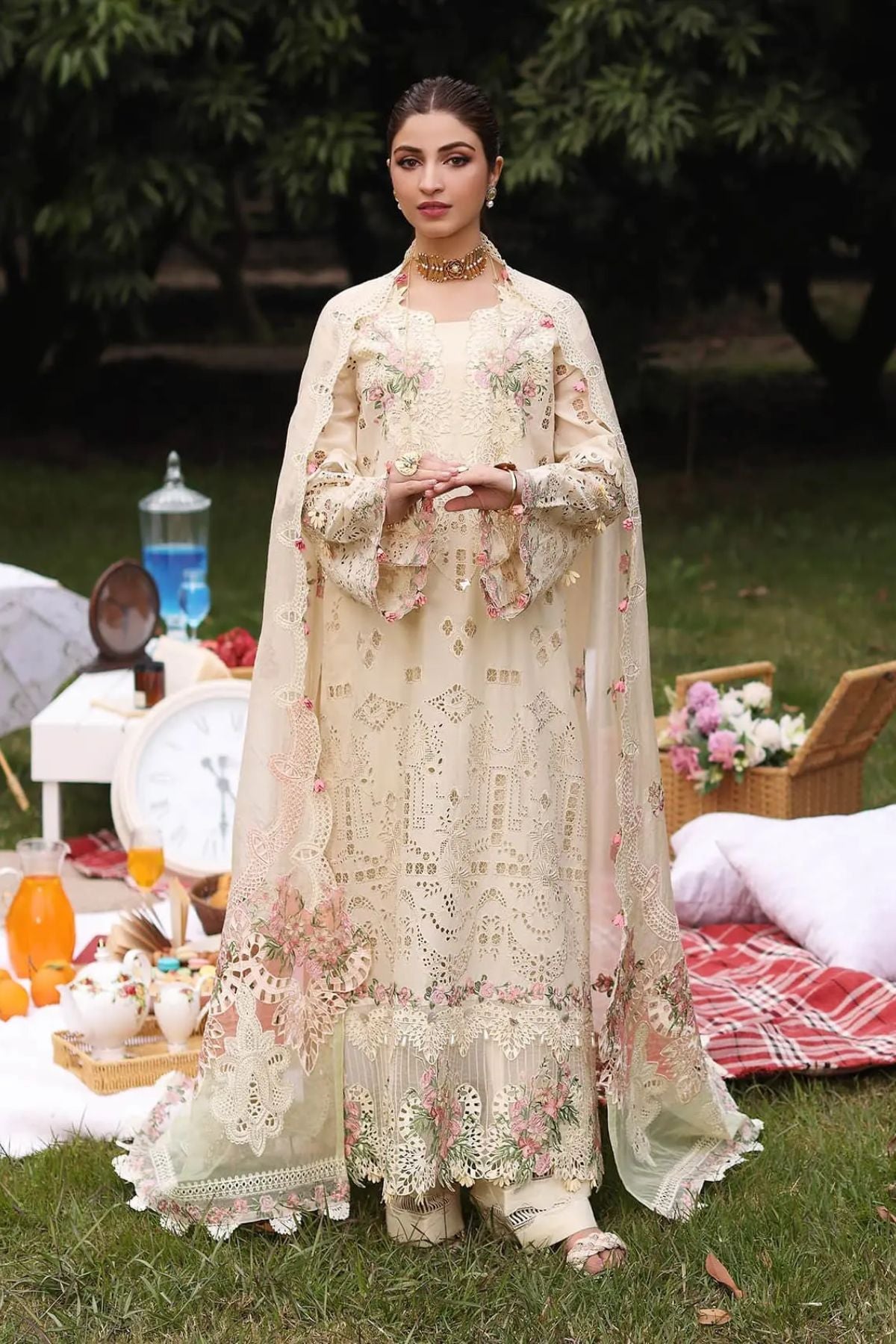 Kahf - 3PC Unstitched Lawn Embroidered Shirt with Embroidered Slub Net Dupatta and Trouser - ES 2226