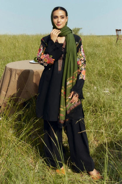 Zara Shah Jahan - 3PC Unstitched Dhanak Embroidered Shirt with Printed Shawl and Trouser - ES1036