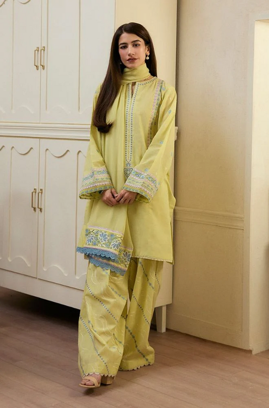 Zara Shah Jahan - 3PC Lawn Embroidered Shirt with Embroidered Khaddi Net Dupatta (Unstitched)-ES1401