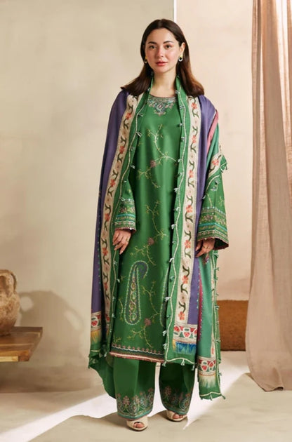 Zara Shah Jahan - 3PC Unstitched Dhanak Embroidered Shirt with Digital Printed Dhanak Shawl and Trouser- ES1046