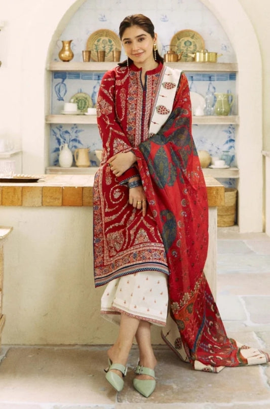Zara Shah Jahan - 3PC Unstitched Dhanak Embroidered Shirt with Digital Printed  shawl and Embroidered Trouser- ES1041