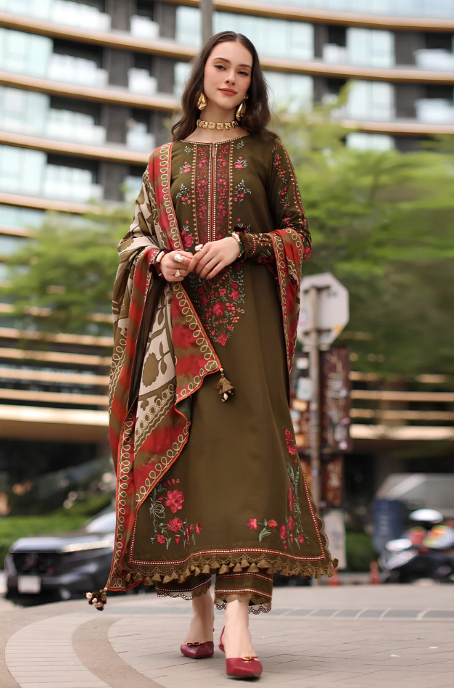 Charizma - 3PC Unstitched Dhanak Embroidered Shirt with Digital Printed Dupatta and Trouser -ES 8004