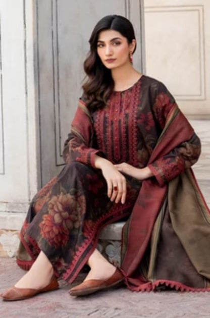 Baroque - 3PC Unstitched Printed Karandi Shirt with Printed Karandi Dupatta and Trouser - ES1158