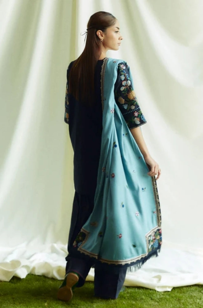 Zara Shah Jahan - 3PC Unstitched Dhanak Embroidered Shirt with Dhanak Embroidered Shawl and Trouser - ES1047