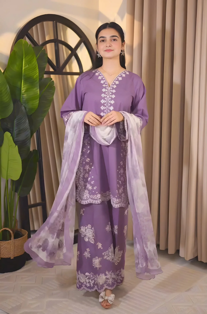 Maria B - 3PC Unstitched Lawn Embroidered Shirt with Digital Printed Dupatta and Embroidered Trouser - ES3006