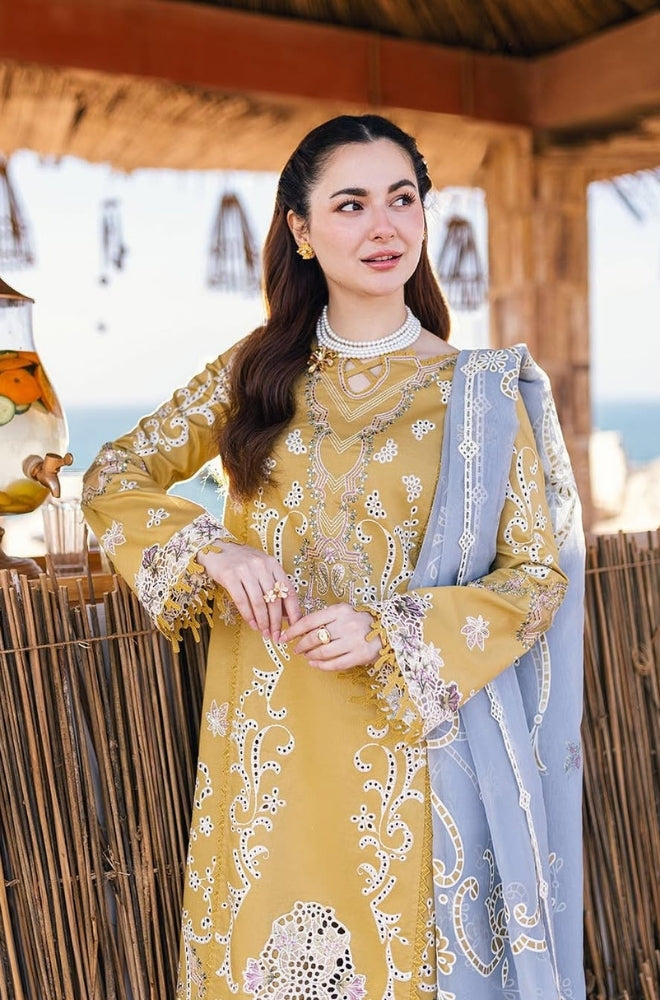 Qalamkaar - 3PC Unstitched Lawn Chicken Kari Embroidered Shirt with Embroidered Slub Net Dupatta - ES1093