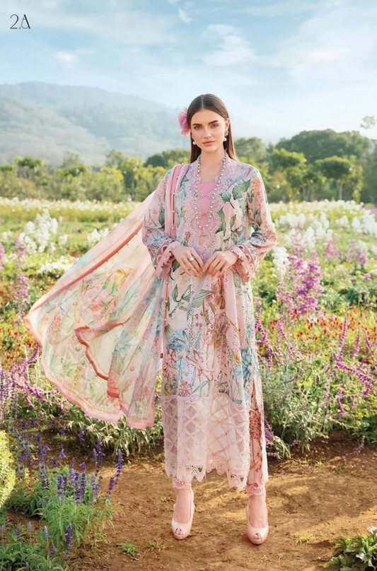 Maria B-3PC Lawn Printed Shirt with Embroided Patches and Printed Dubatta and Trousers-ES1607