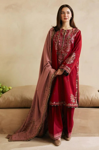 Zara Shah Jahan - 3PC Unstitched Dhanak Embroidered Shirt with Embroidered Back and Dhanak Embroidered Shawl - ES1040