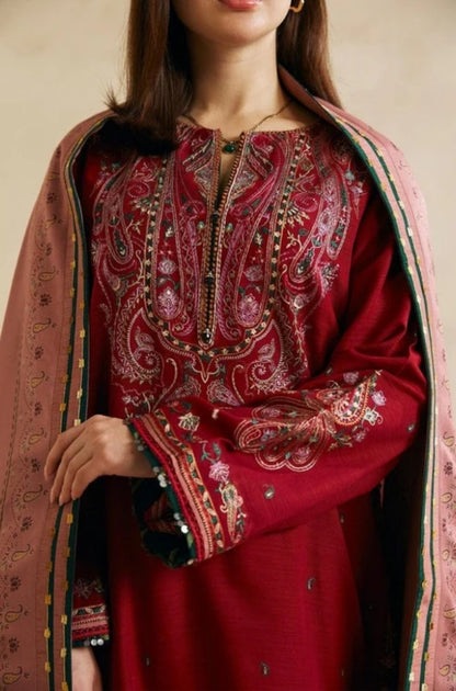 Zara Shah Jahan - 3PC Unstitched Dhanak Embroidered Shirt with Embroidered Back and Dhanak Embroidered Shawl - ES1040