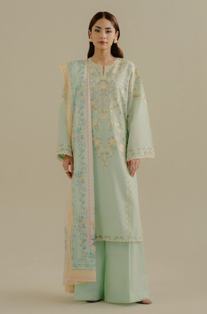 COCO-3PC Unstitched Lawn Embroidered Shirt with Printed Dupatta and trousers- ES 503
