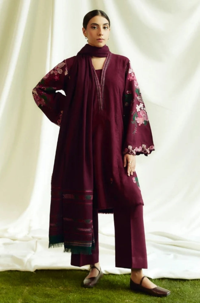 Zara Shah Jahan - 3PC Unstitched Dhanak Embroidered Shirt with Printed  Shawl and Trouser- ES1025