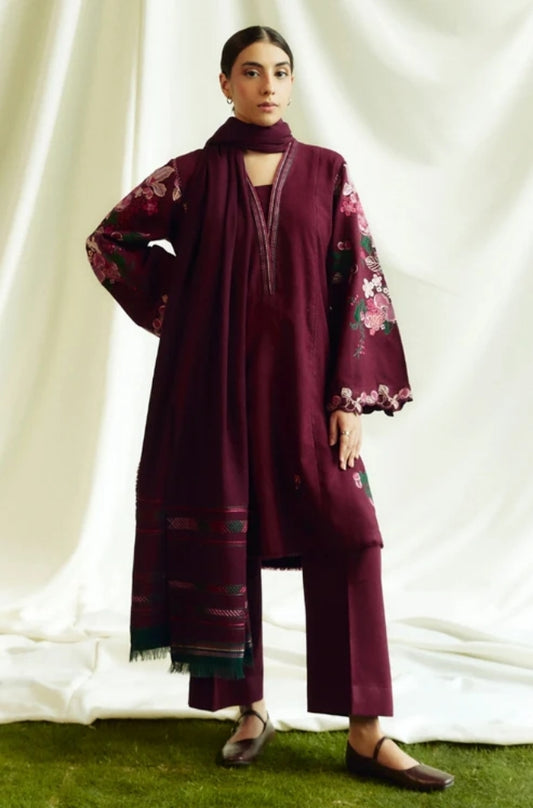 Zara Shah Jahan - 3PC Unstitched Dhanak Embroidered Shirt with Printed  Shawl and Trouser- ES1025