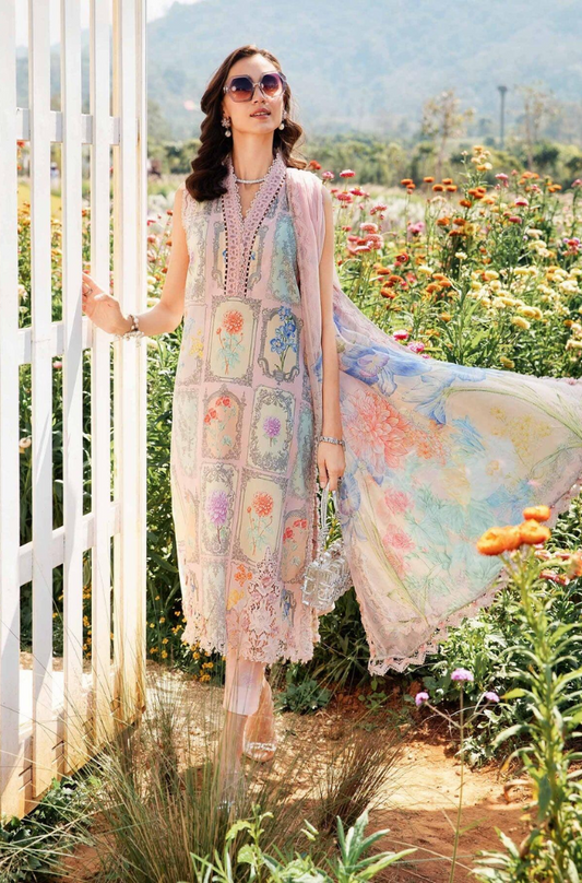 Maria B-3PC Lawn Printed Shirt with Embroided Patches and Printed Dubatta and Trousers-ES1608