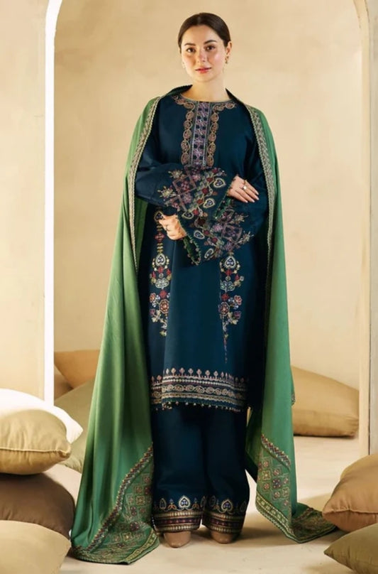 Zara Shah Jahan - 3PC Unstitched Dhanak Embroidered Shirt with Embroidered Dhanak Shawl and Trouser - ES1039