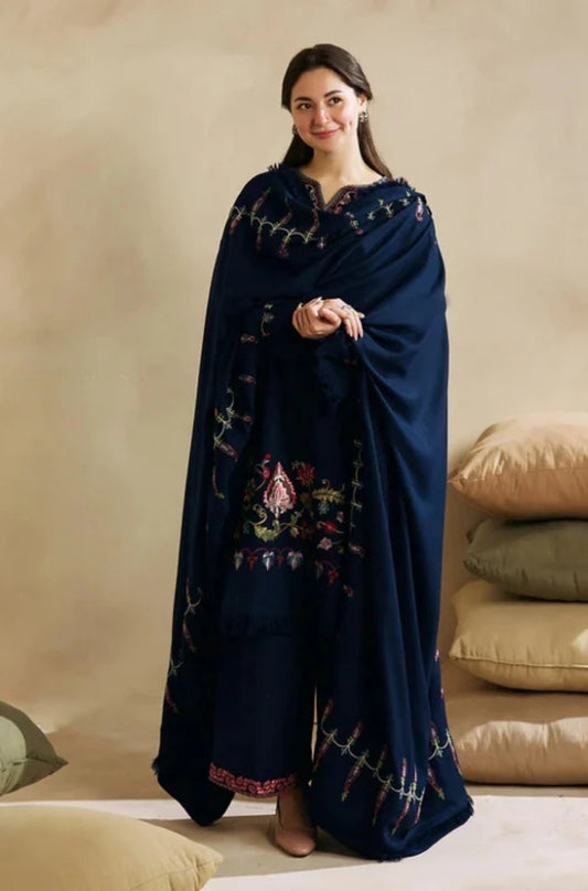 Zara Shah Jahan - 3PC Unstitched Dhanak Embroidered Shirt with Digital Printed Dhanak Shawl and Trouser- ES1043
