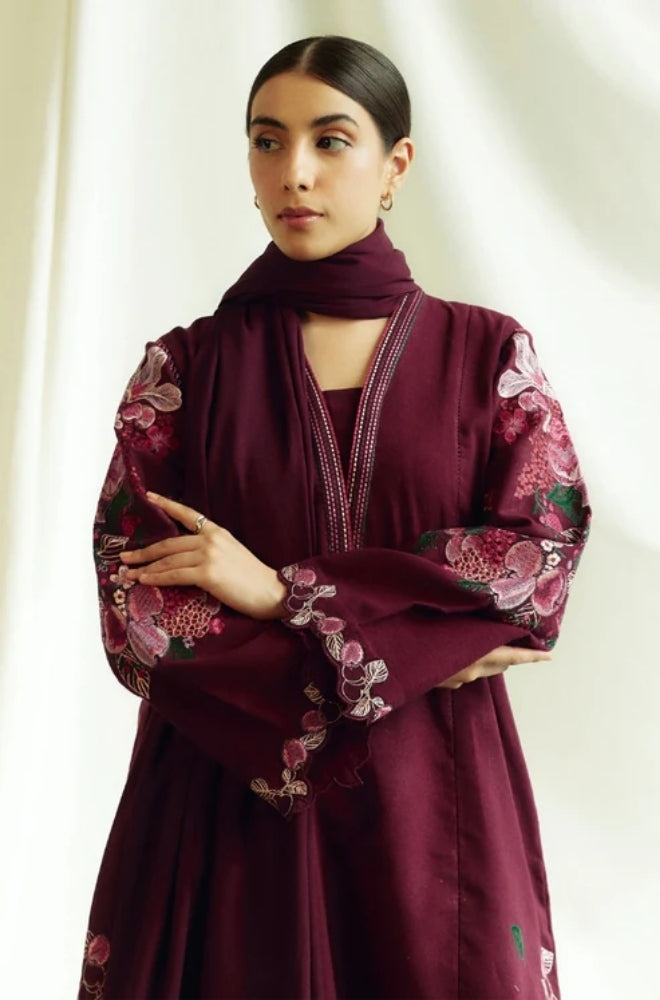 Zara Shah Jahan - 3PC Unstitched Dhanak Embroidered Shirt with Printed  Shawl and Trouser- ES1025
