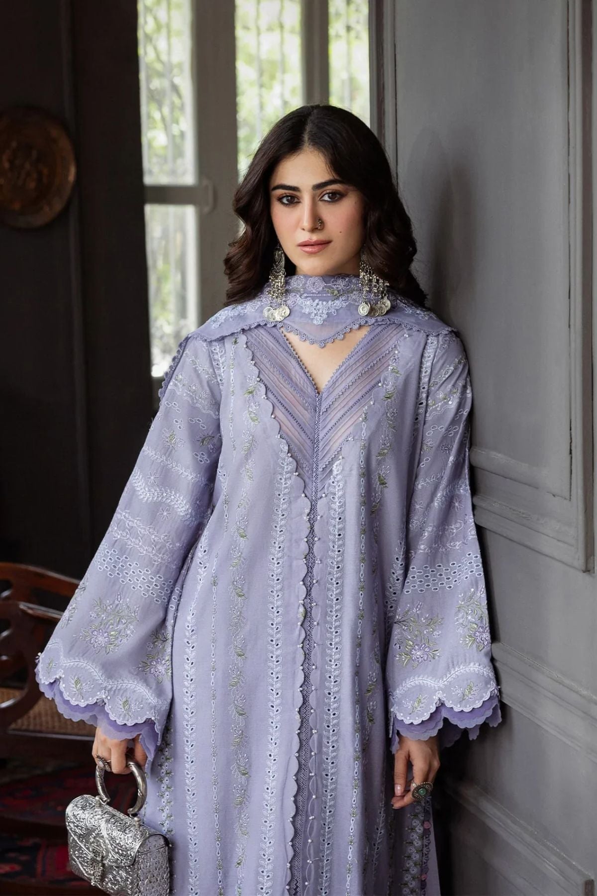 Kahf - 3PC Unstitched Lawn Embroidered Shirt with Embroidered Slub Net Dupatta and Trouser - ES 2227