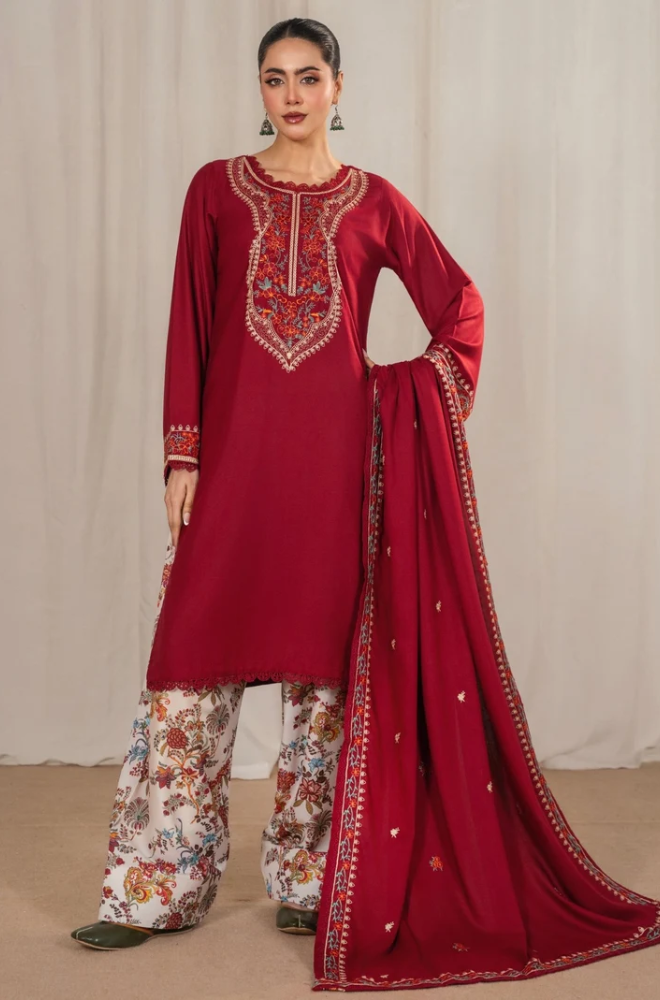 IZNIK - 3PC Unstitched Dhanak Embroidered Shirt with Dhanak Embroidered Dupatta and Printed Trouser-8006