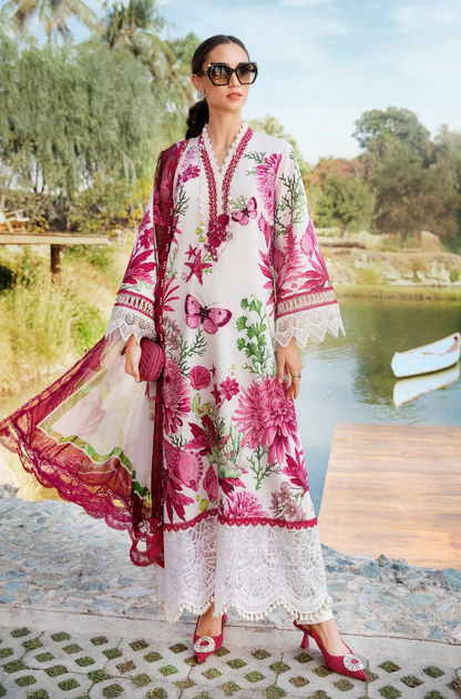 Maria B-3PC Lawn Printed Shirt with Embroided Patches and Printed Dubatta and Trousers-ES1609