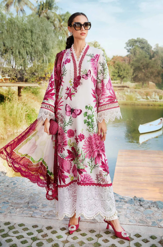 Maria B-3PC Lawn Printed Shirt with Embroided Patches and Printed Dubatta and Trousers-ES1609