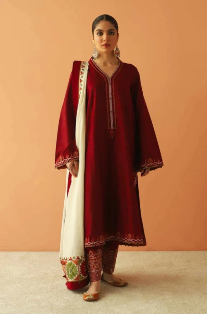 Zara Shah Jahan - 3PC Unstitched Dhanak Embroidered Shirt with Embroidered Dhanak Shawl and Trouser- ES1038