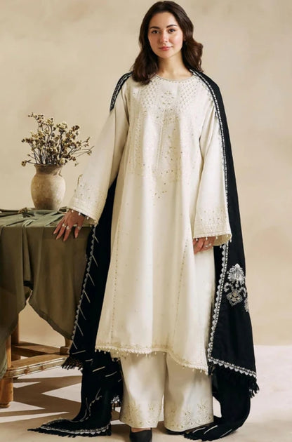 Zara Shah Jahan - 3PC Unstitched Dhanak Sequence Embroidered Shirt with Dhanak Embroidered Dupatta and Trousers- ES1023