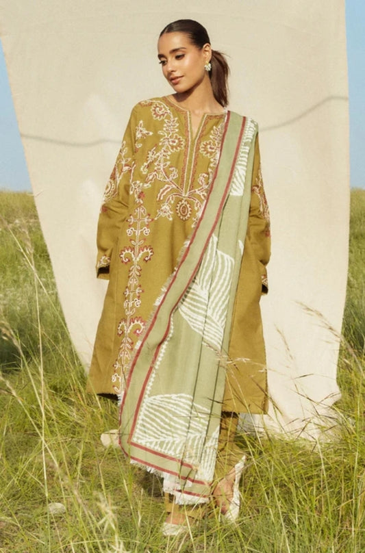 Zara Shah Jahan - 3PC Unstitched Dhanak Embroidered Shirt with Printed Shawl and Trouser - ES1035