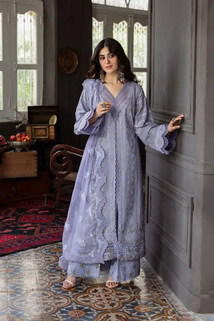 Kahf - 3PC Unstitched Lawn Embroidered Shirt with Embroidered Slub Net Dupatta and Trouser - ES 2227