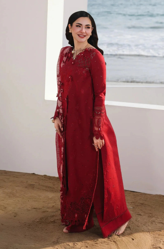 Qalamkar - 3PC Unstitched Lawn Embroidered Shirt with Embroidered Chiffon Dupatta and Trouser - ES 2218