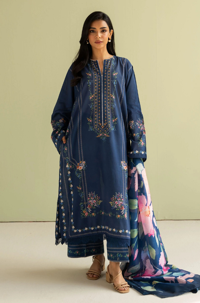 Zara Shah Jahan - 3PC Unstitched Lawn Embroidered Shirt with Printed Silk Dupatta - ES 2209