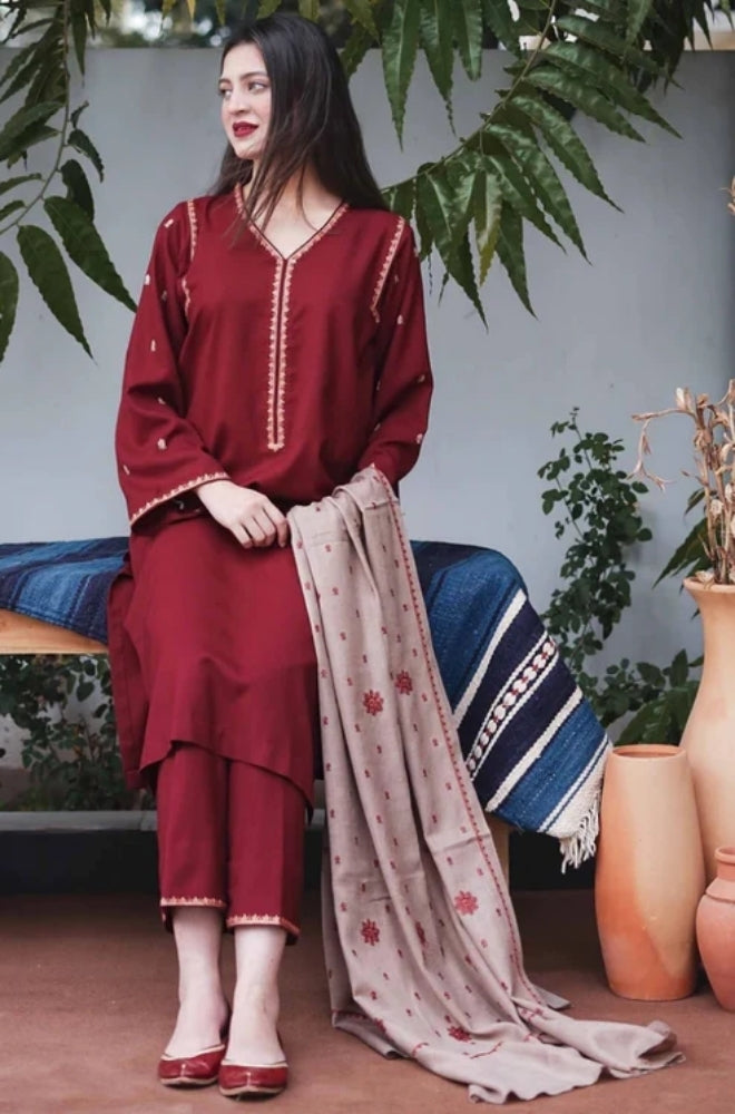 Aisling - 3PC Unstitched Dhanak Embroidered Shirt with Dhanak Embroidered Dupatta and Trouser - ES1201