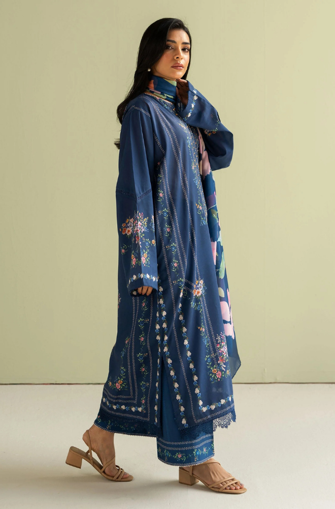 Zara Shah Jahan - 3PC Unstitched Lawn Embroidered Shirt with Printed Silk Dupatta - ES 2209