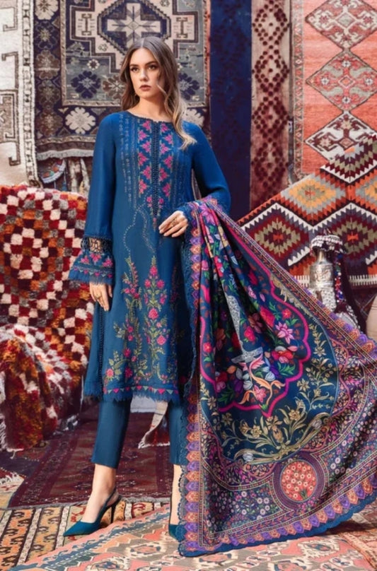 Maria B - 3PC Unstitched Dhanak Embroidered Shirt with Printed  Shawl and Trouser - ES1100
