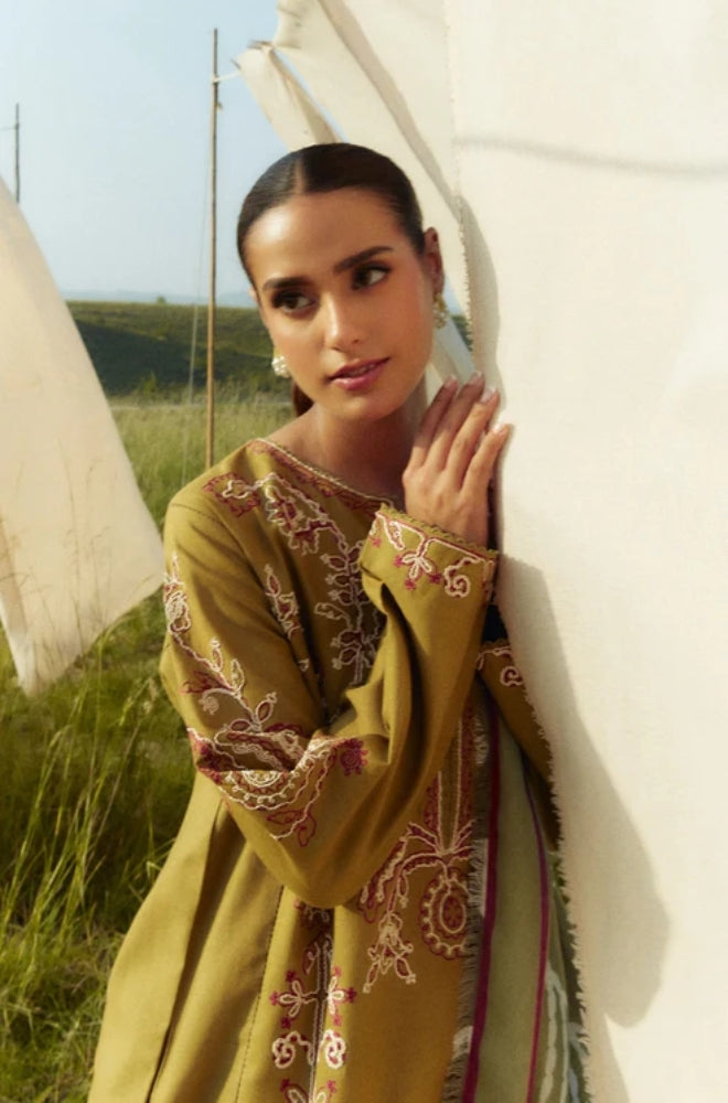 Zara Shah Jahan - 3PC Unstitched Dhanak Embroidered Shirt with Printed Shawl and Trouser - ES1035
