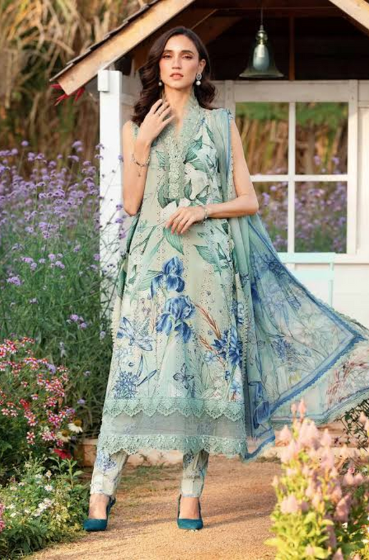 Maria B-3PC Lawn Printed Shirt with Embroided Patches and Printed Dubatta and Trousers-ES1610