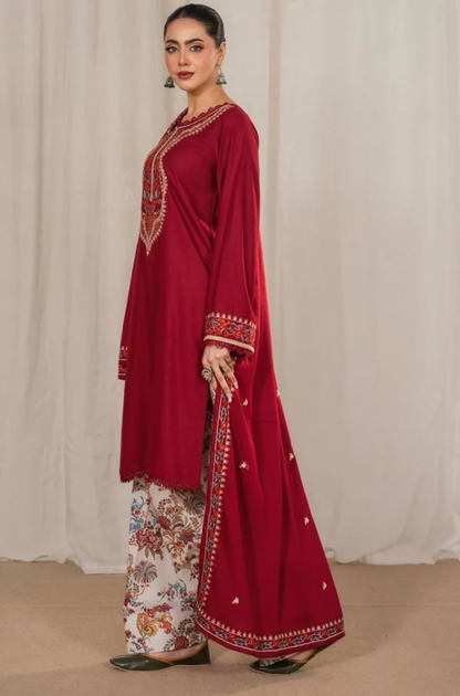 IZNIK - 3PC Unstitched Dhanak Embroidered Shirt with Dhanak Embroidered Dupatta and Printed Trouser-8006