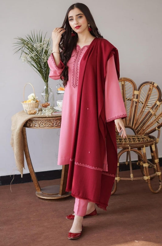 Aisling - 3PC Unstitched Dhanak Embroidered Shirt with Dhanak Embroidered Shawl and Trouser - ES1198