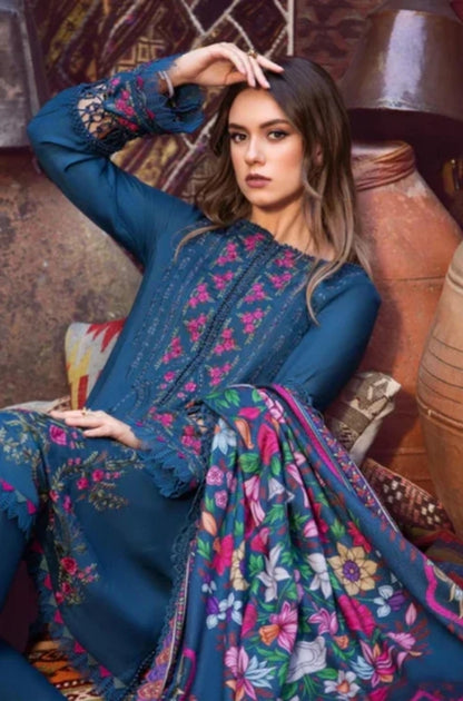 Maria B - 3PC Unstitched Dhanak Embroidered Shirt with Printed  Shawl and Trouser - ES1100