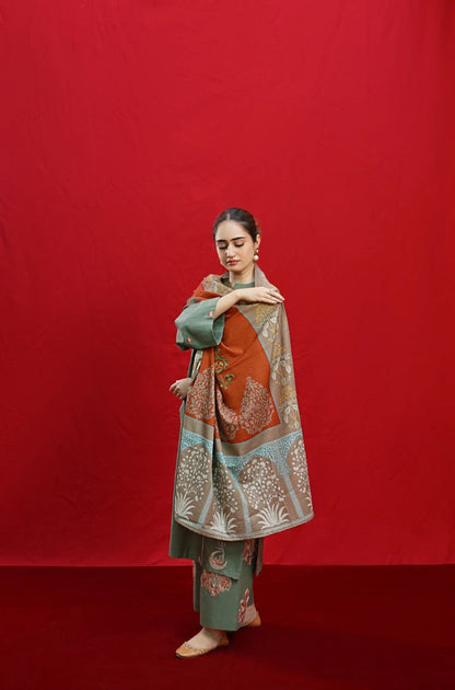 URGE - 3PC Unstitched Dhanak Embroidered Shirt with Digital Printed Shawl and Embroidered Trouser- ES1207