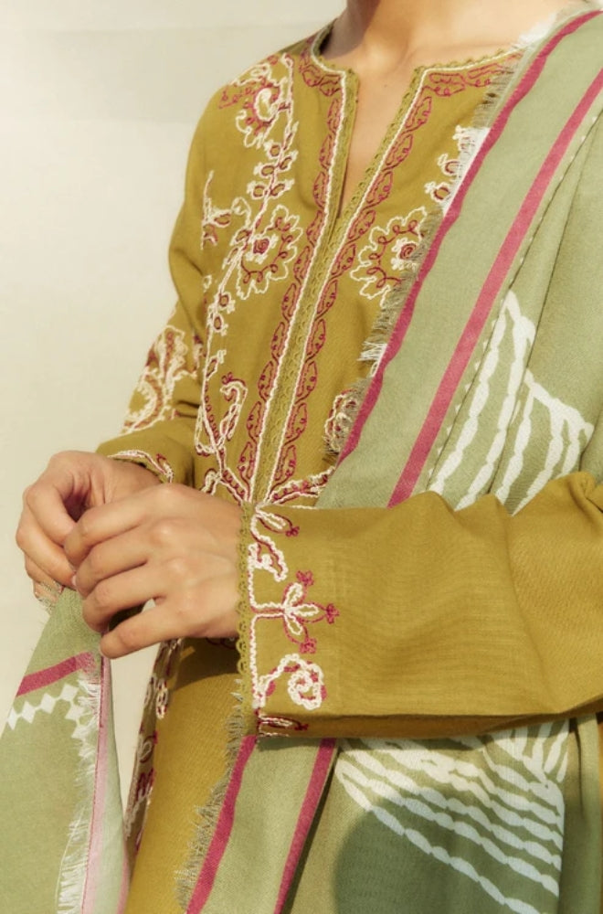 Zara Shah Jahan - 3PC Unstitched Dhanak Embroidered Shirt with Printed Shawl and Trouser - ES1035